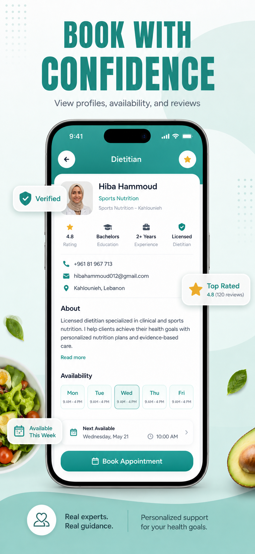 Verified dietitian profile and booking screen